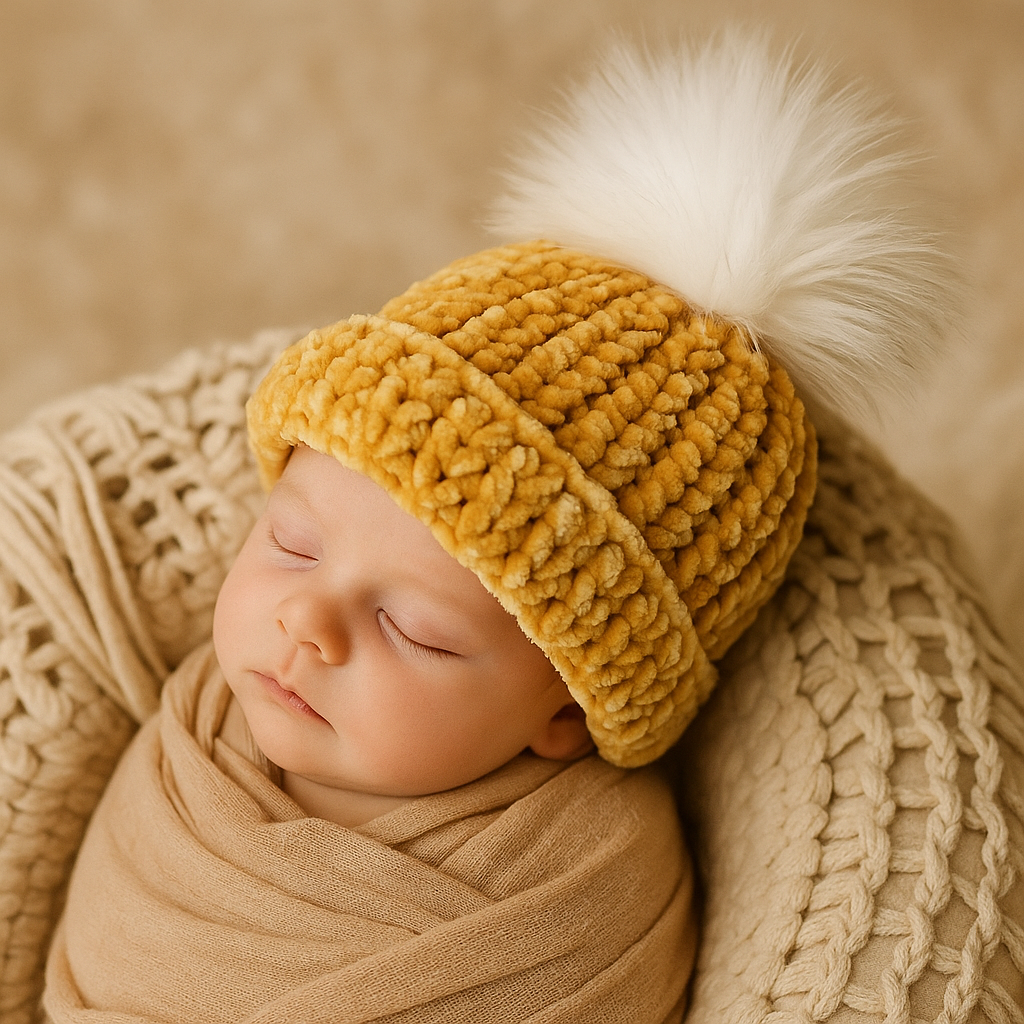 Golden Honey Velvet Pom Baby Beanie