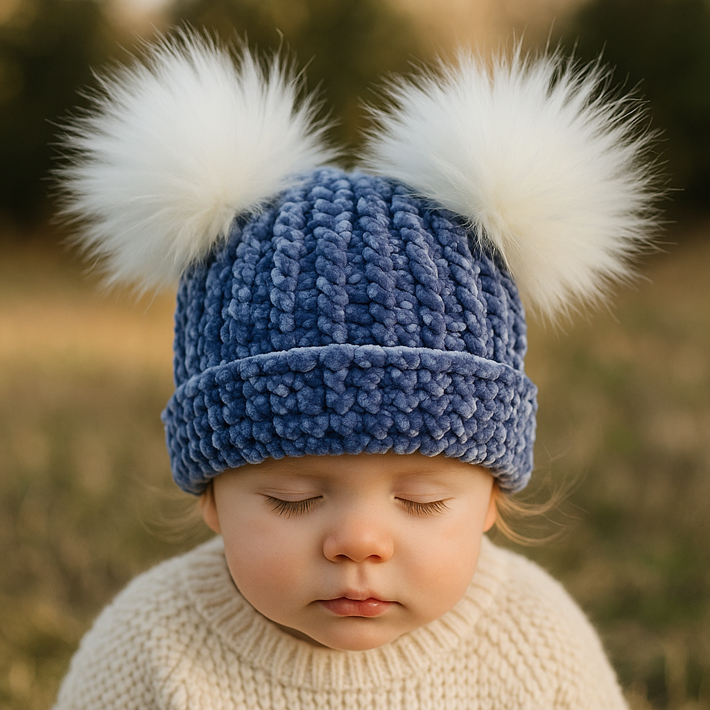 Dreamy Indigo Velvet Double Pom Baby Beanie