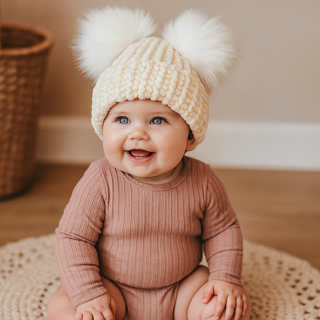 Vanilla Cream Velvet Double Pom Baby Beanie