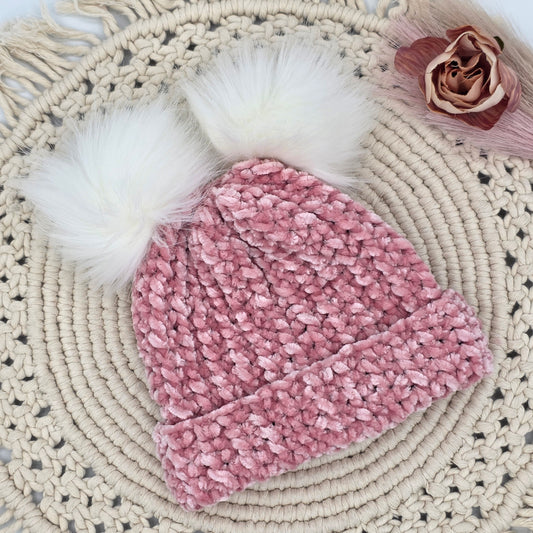 Rose Blush Velvet Double Pom Baby Beanie