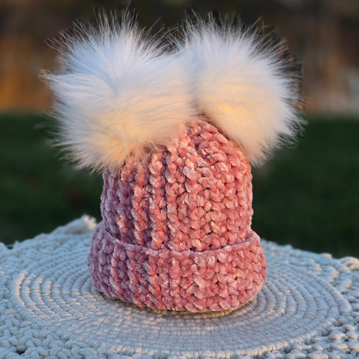 Rose Blush Velvet Double Pom Baby Beanie