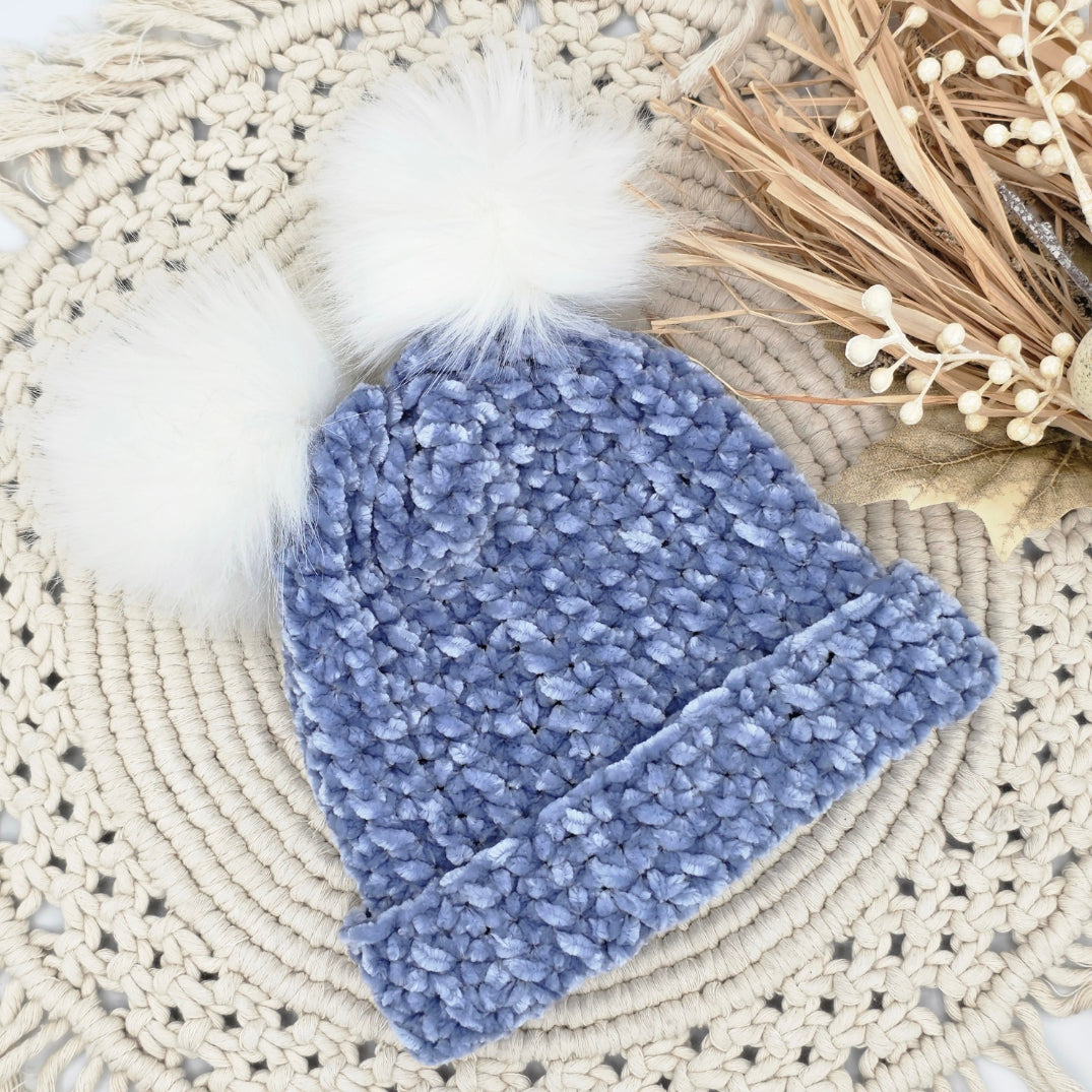 Dreamy Indigo Velvet Double Pom Baby Beanie