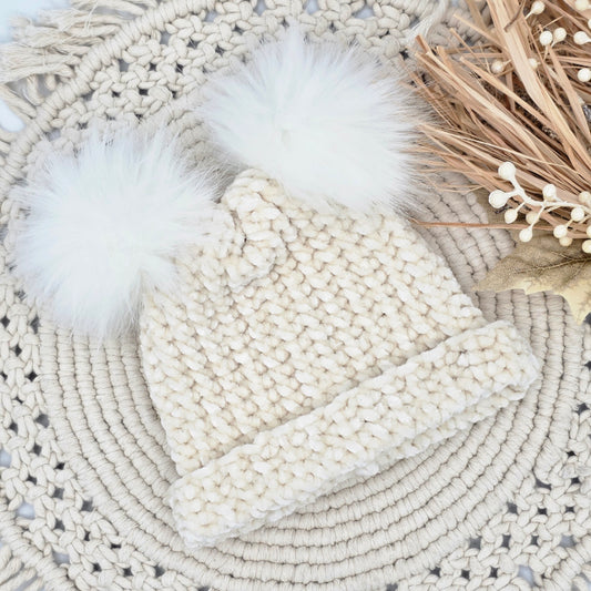 Vanilla Cream Velvet Double Pom Baby Beanie