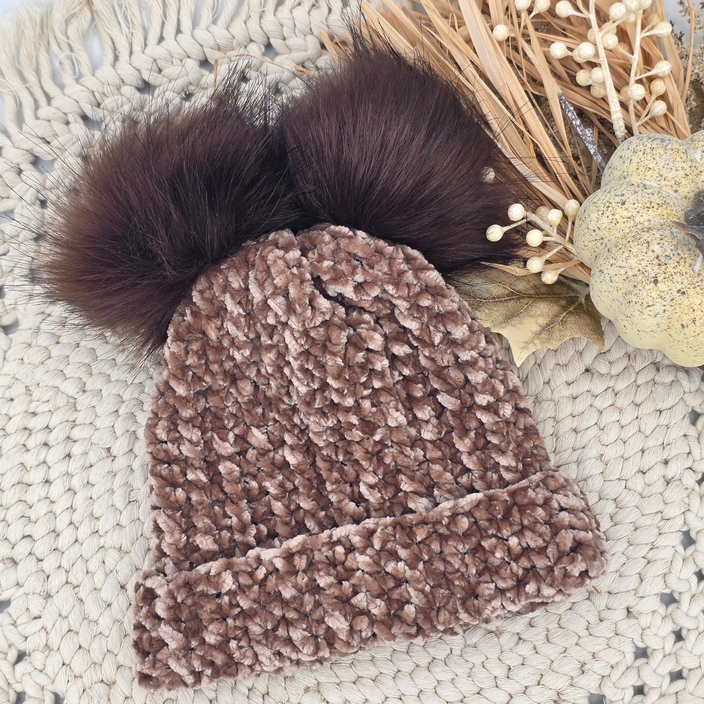 Mocha Velvet Double Pom Baby Beanie