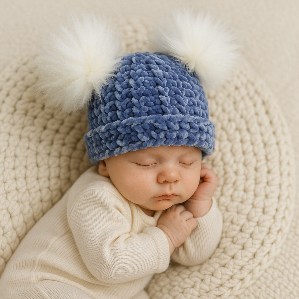 Dreamy Indigo Velvet Double Pom Baby Beanie