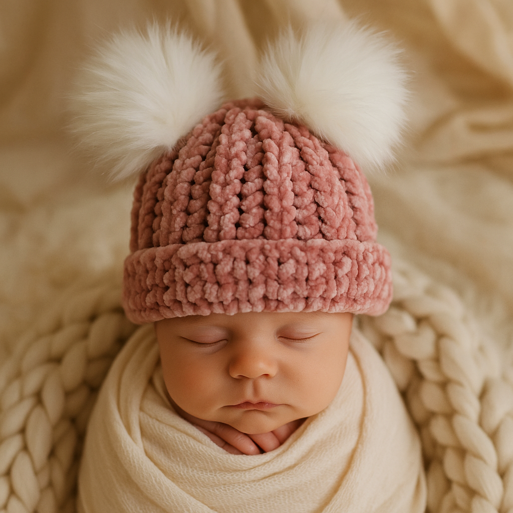 Rose Blush Velvet Double Pom Baby Beanie