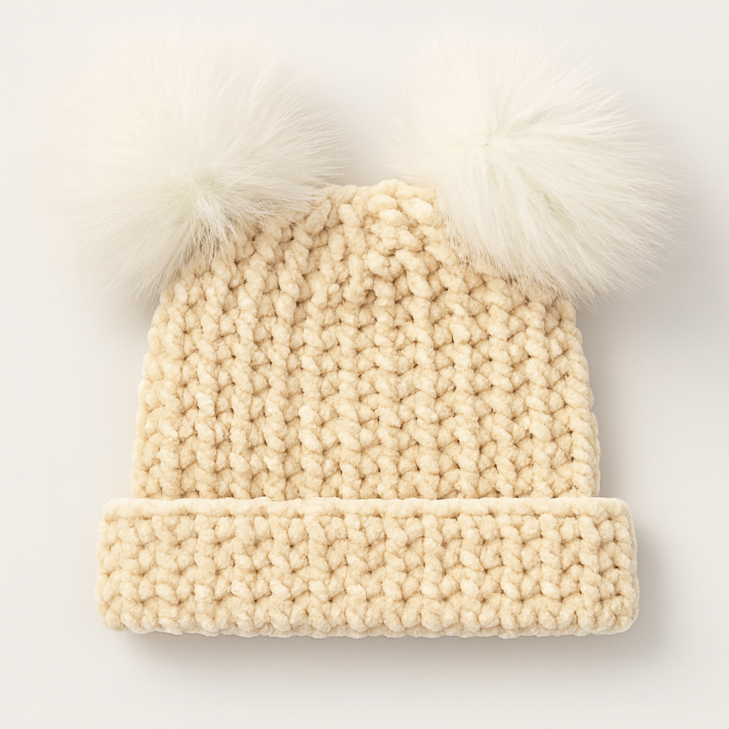 Vanilla Cream Velvet Double Pom Baby Beanie