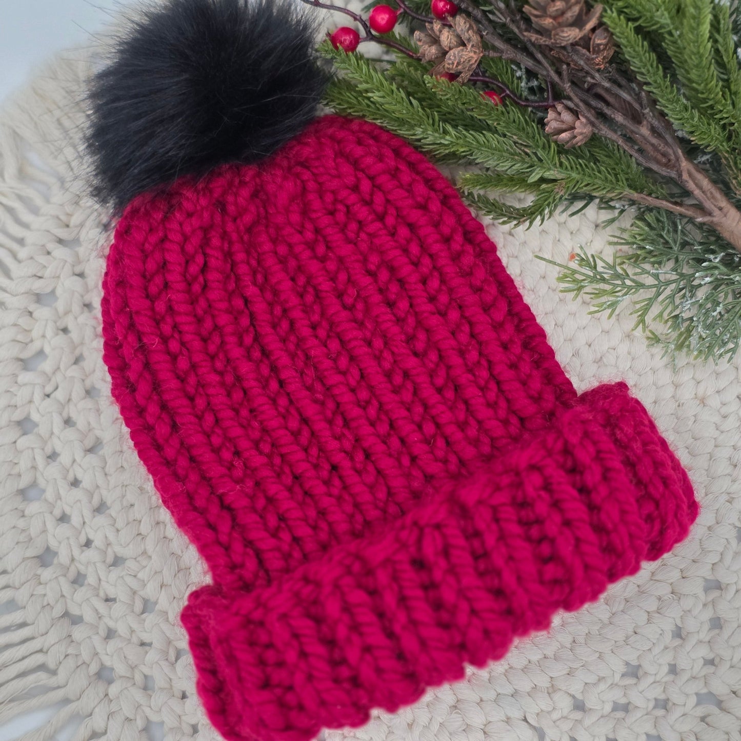 Aspen Beanie – Cranberry Frost | Chunky Ribbed Adult Hat hand dyed yarn by A Splash Of Fiber — artisan fiber and handmade creations