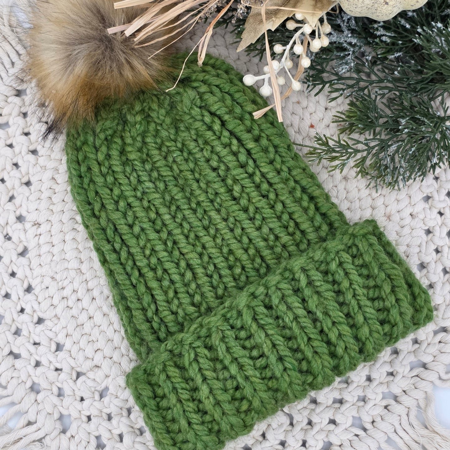 Aspen Beanie – Evergreen Frost | Chunky Ribbed Adult Hat hand dyed yarn by A Splash Of Fiber — artisan fiber and handmade creations