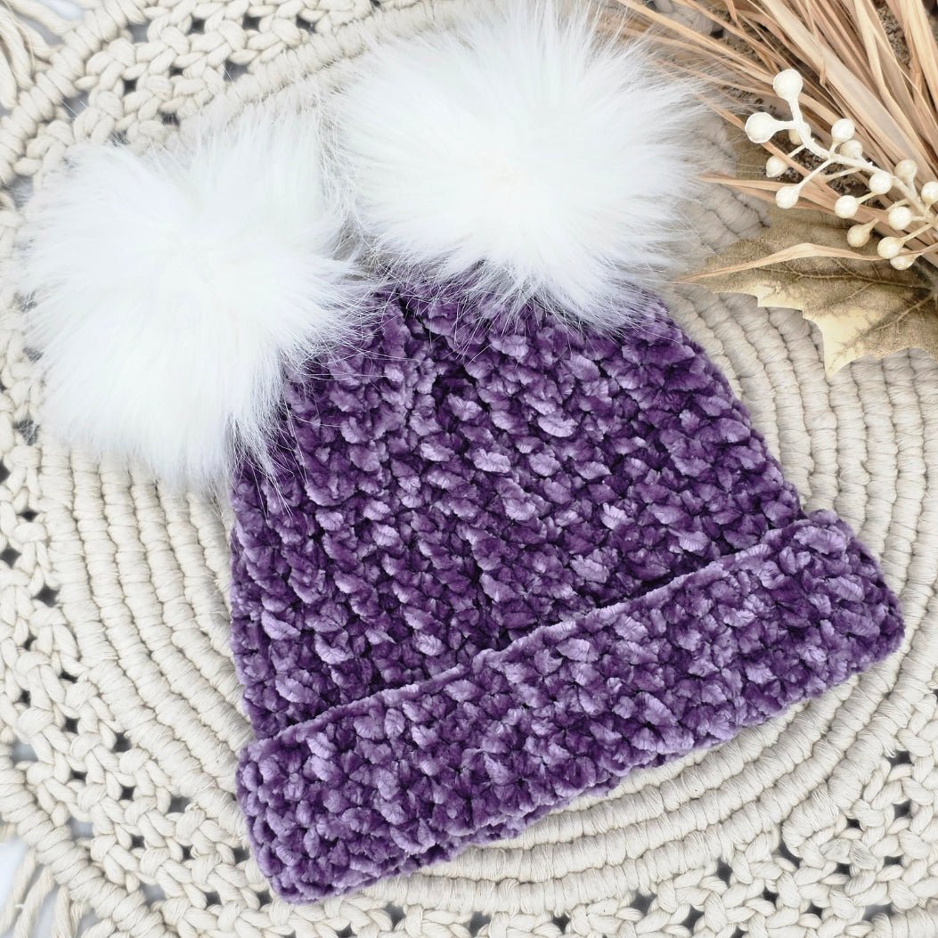 Lilac Dream Velvet Double Pom Baby Beanie hand dyed yarn by A Splash Of Fiber — artisan fiber and handmade creations