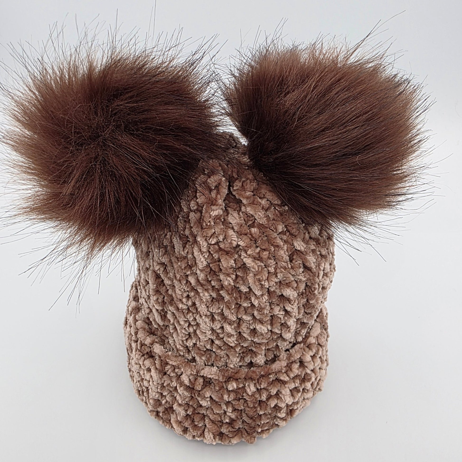 Mocha Velvet Double Pom Baby Beanie hand dyed yarn by A Splash Of Fiber — artisan fiber and handmade creations