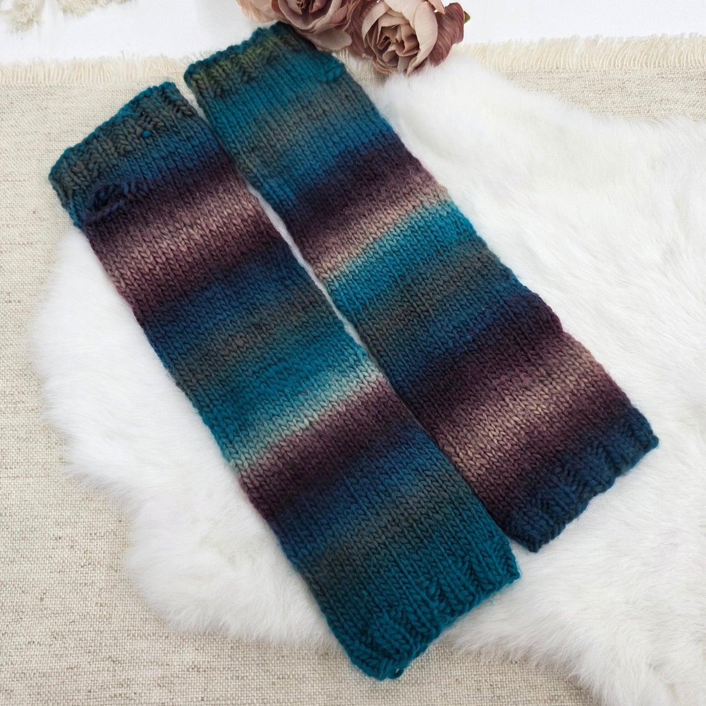 Ocean Storm Hand - Knit Fingerless Gloves – Teal and Violet Cable Knit, Cozy Winter Gift for Her hand dyed yarn by A Splash Of Fiber — artisan fiber and handmade creations