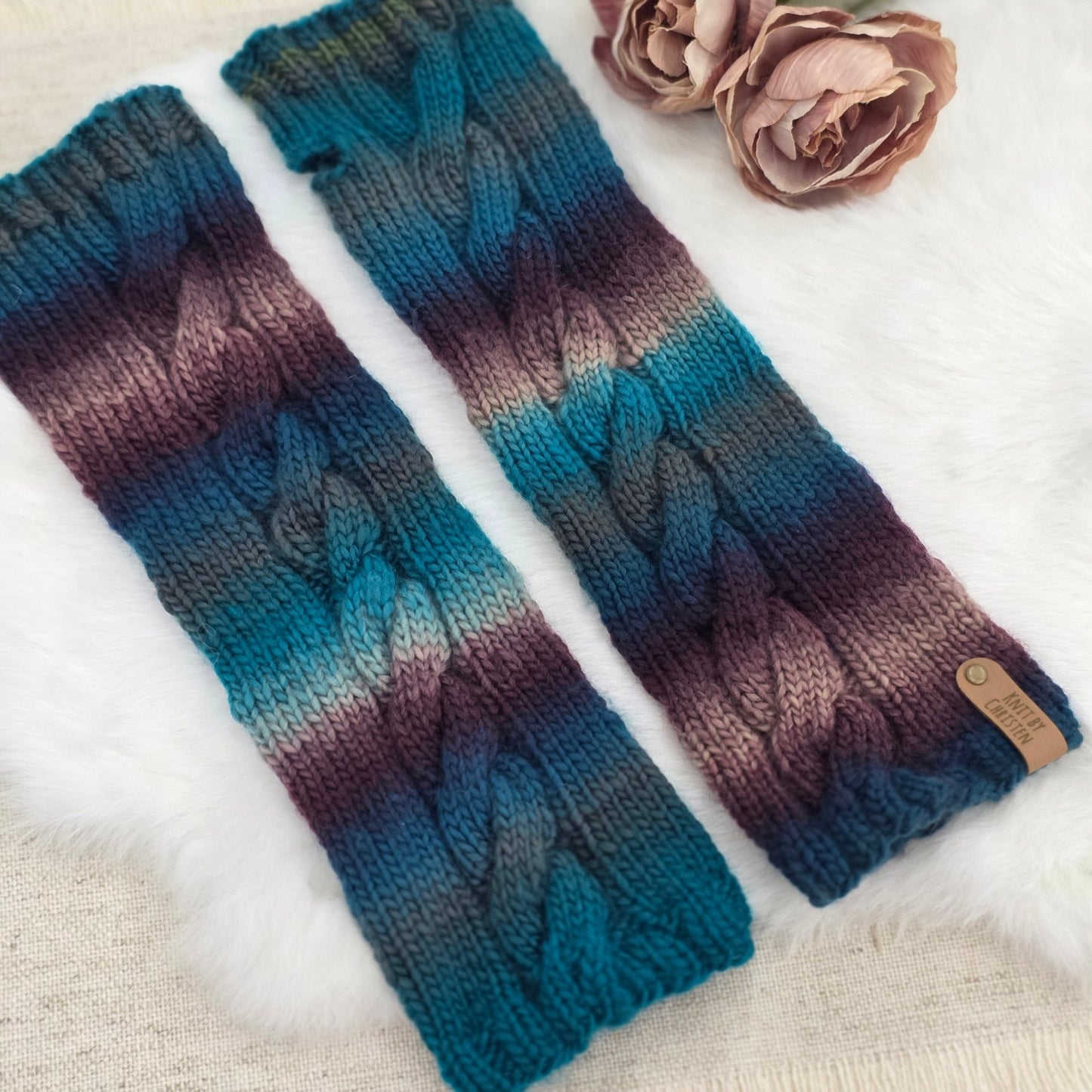 Ocean Storm Hand - Knit Fingerless Gloves – Teal and Violet Cable Knit, Cozy Winter Gift for Her hand dyed yarn by A Splash Of Fiber — artisan fiber and handmade creations