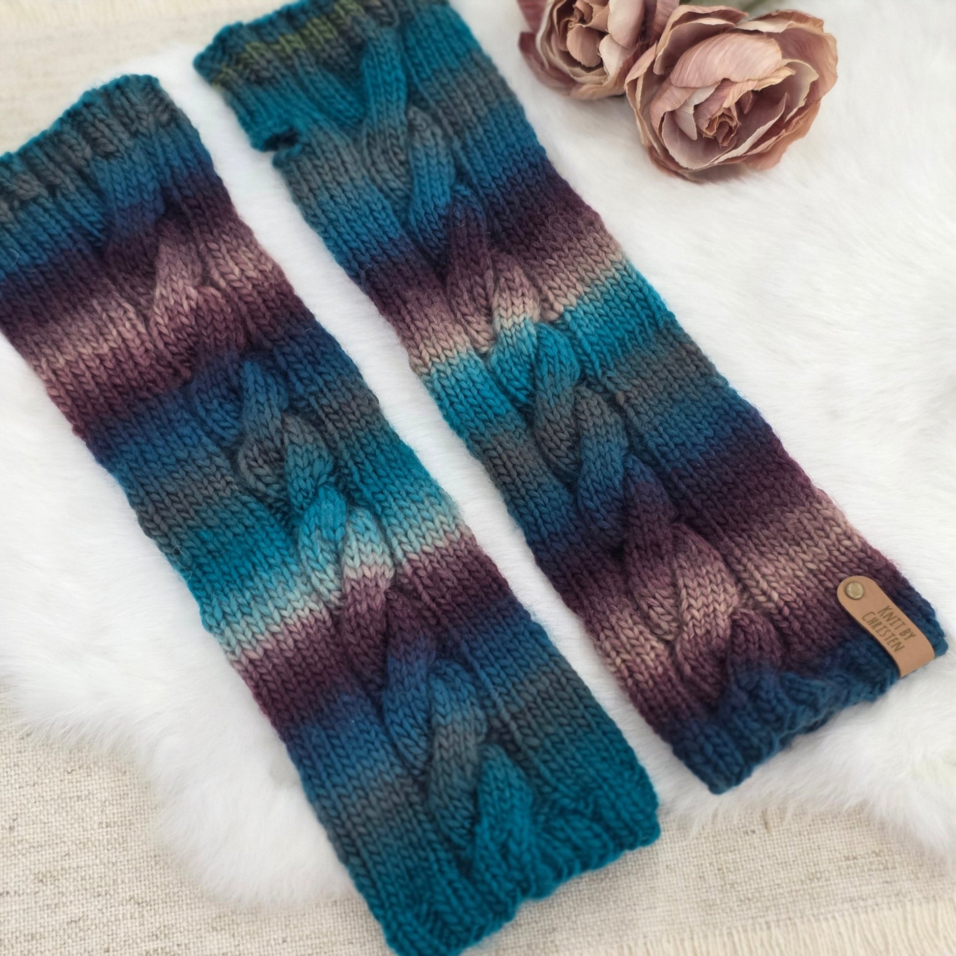 Ocean Storm Hand - Knit Fingerless Gloves – Teal and Violet Cable Knit, Cozy Winter Gift for Her hand dyed yarn by A Splash Of Fiber — artisan fiber and handmade creations