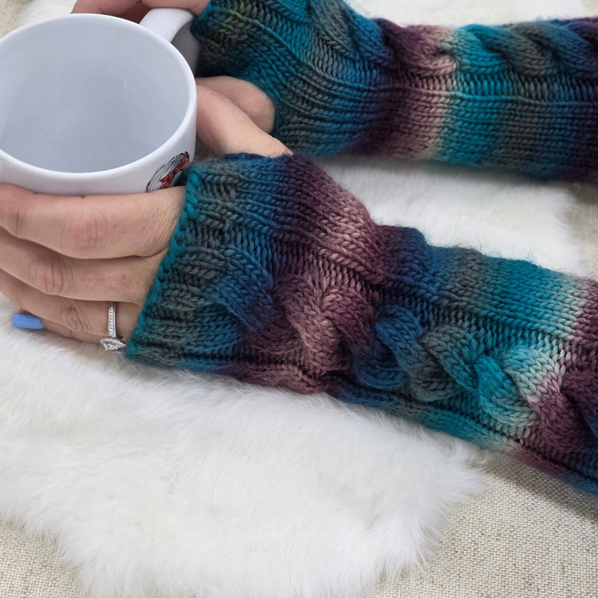 Ocean Storm Hand - Knit Fingerless Gloves – Teal and Violet Cable Knit, Cozy Winter Gift for Her hand dyed yarn by A Splash Of Fiber — artisan fiber and handmade creations