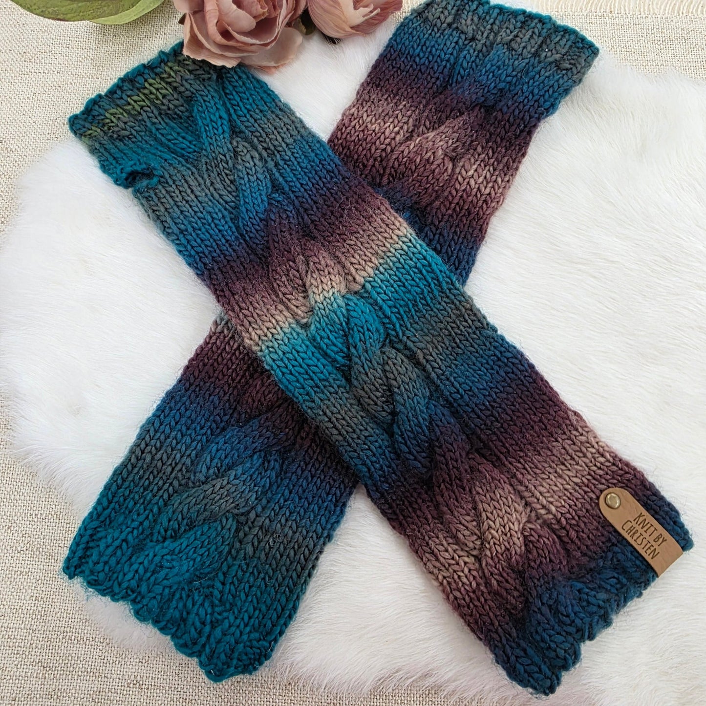 Ocean Storm Hand - Knit Fingerless Gloves – Teal and Violet Cable Knit, Cozy Winter Gift for Her hand dyed yarn by A Splash Of Fiber — artisan fiber and handmade creations