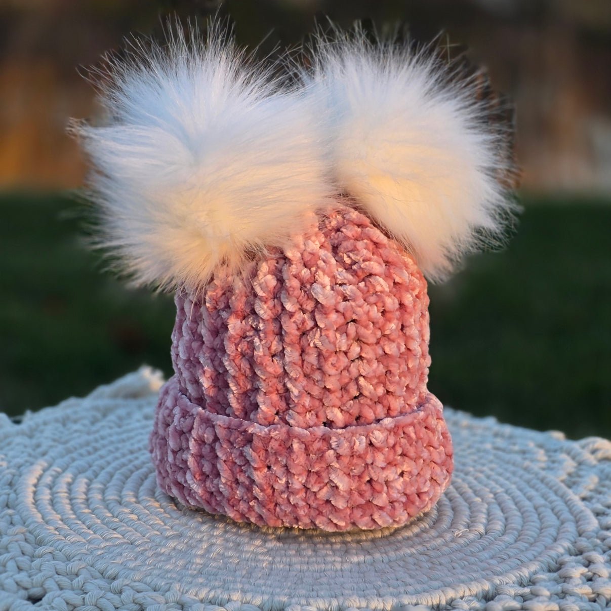 Rose Blush Velvet Double Pom Baby Beanie hand dyed yarn by A Splash Of Fiber — artisan fiber and handmade creations