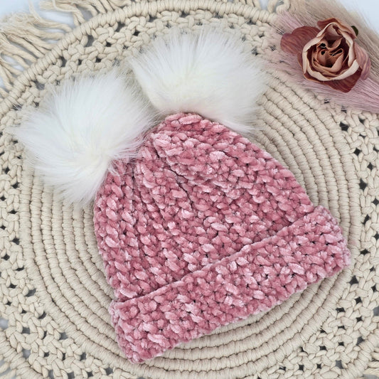 Rose Blush Velvet Double Pom Baby Beanie hand dyed yarn by A Splash Of Fiber — artisan fiber and handmade creations