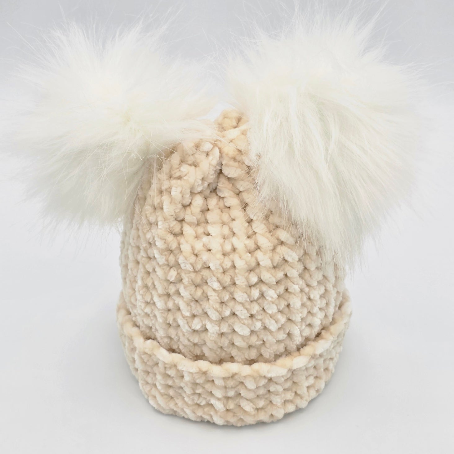 Vanilla Cream Velvet Double Pom Baby Beanie hand dyed yarn by A Splash Of Fiber — artisan fiber and handmade creations