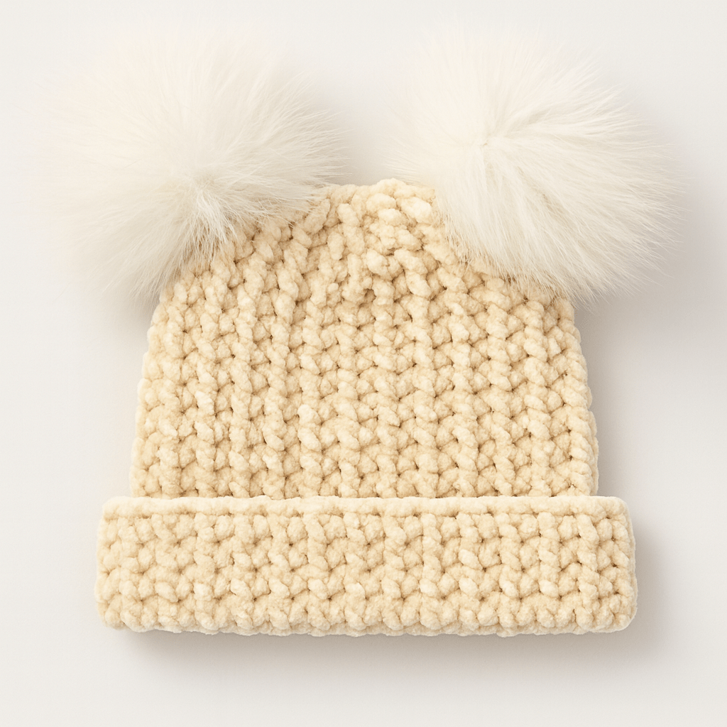 Vanilla Cream Velvet Double Pom Baby Beanie hand dyed yarn by A Splash Of Fiber — artisan fiber and handmade creations