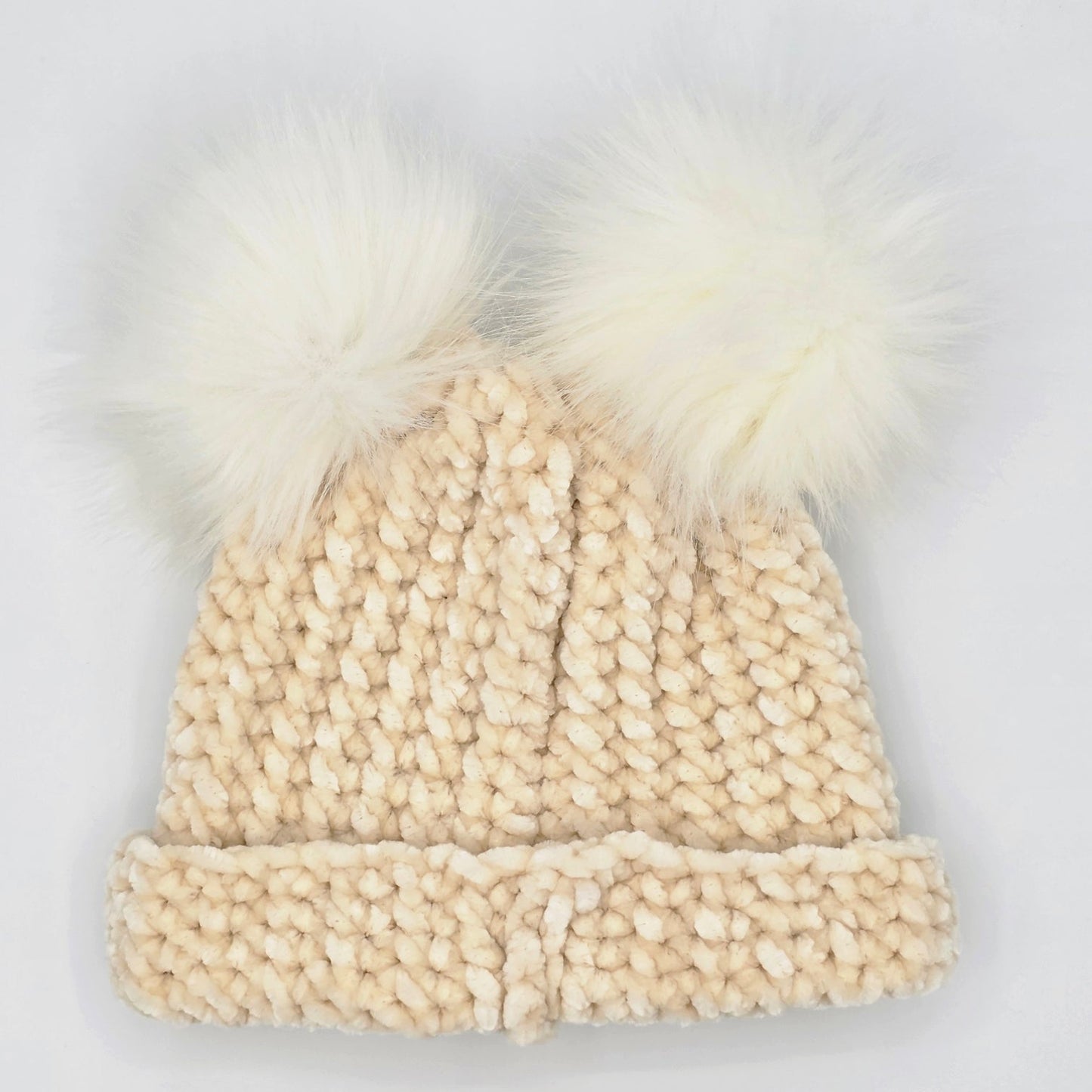 Vanilla Cream Velvet Double Pom Baby Beanie hand dyed yarn by A Splash Of Fiber — artisan fiber and handmade creations