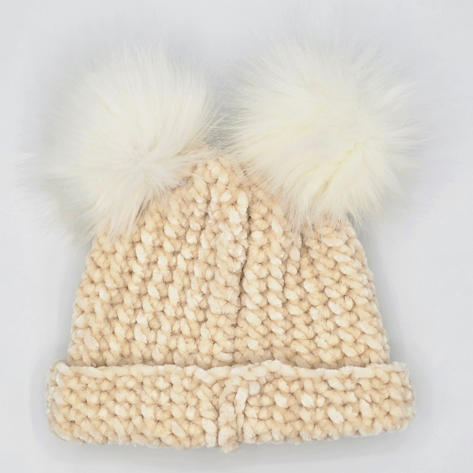 Vanilla Cream Velvet Double Pom Baby Beanie hand dyed yarn by A Splash Of Fiber — artisan fiber and handmade creations