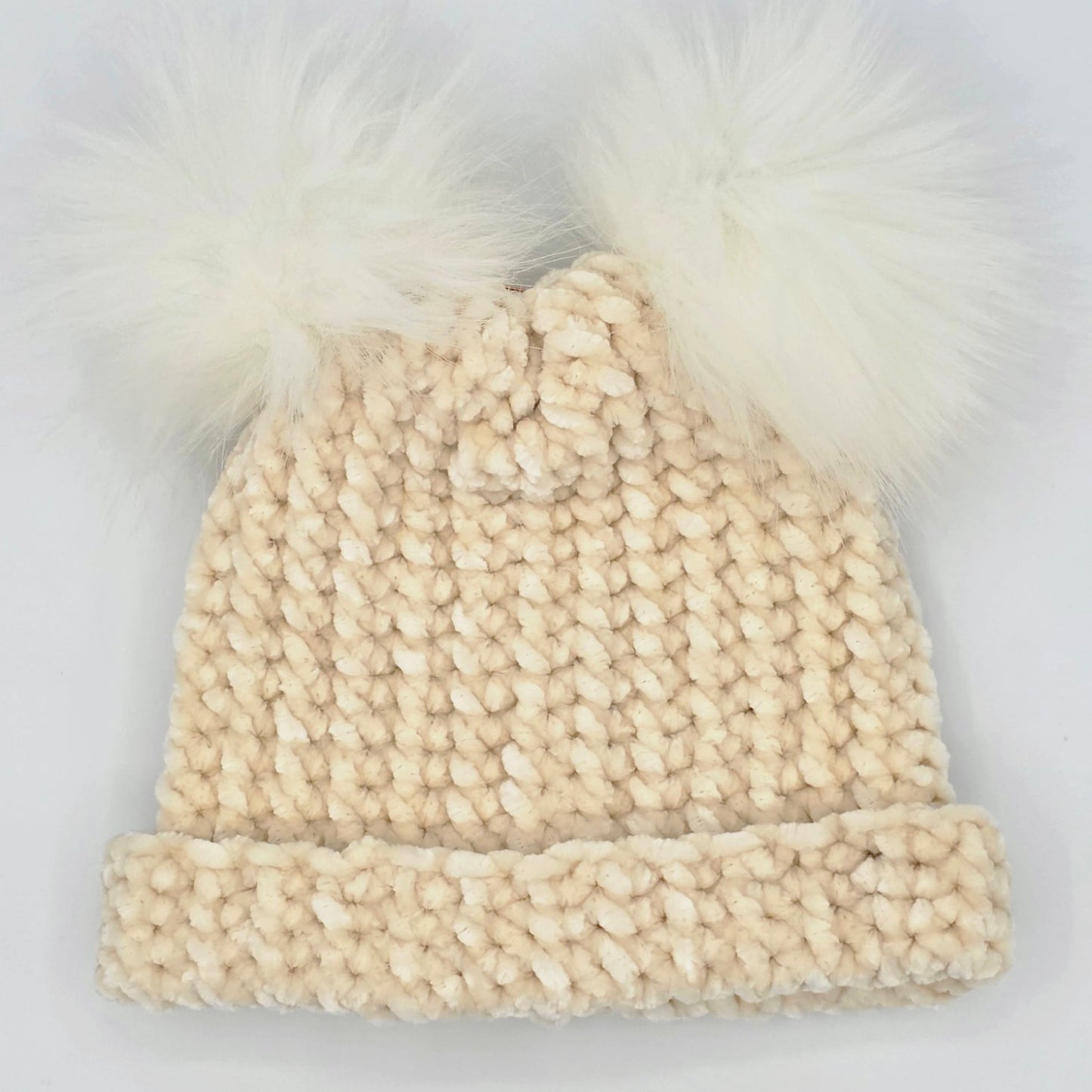 Vanilla Cream Velvet Double Pom Baby Beanie hand dyed yarn by A Splash Of Fiber — artisan fiber and handmade creations